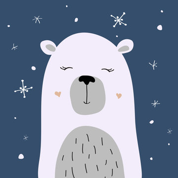 Polar bear is enjoying the snow, vector Christmas card