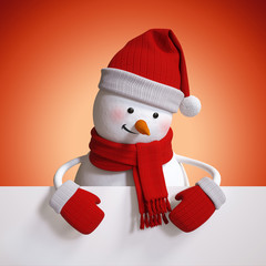 3d render, funny snowman cartoon character, holding blank banner, white page, digital illustration,...