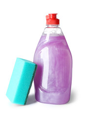 Cleaning product and sponge for dish washing on white background