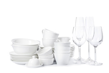 Set of clean tableware on white background. Washing dishes