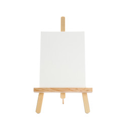 Wooden easel with blank sheet of paper on white background