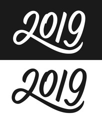 Happy New Year 2019 greeting card template. Calligraphic number with smooth contour isolated on black and white backgrounds. Vector illustration.