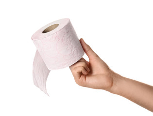 Woman holding roll of toilet paper on white background
