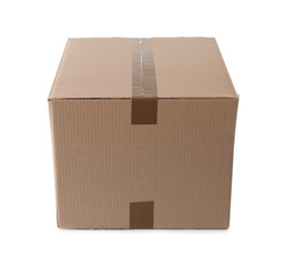 Cardboard box on white background. Mockup for design