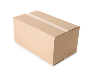 Cardboard box on white background. Mockup for design
