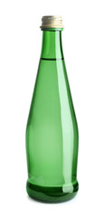 Green glass bottle with water on white background