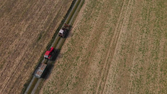aerial view of an old tractor on agricultural field