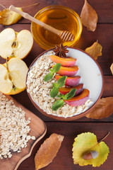 Oatmeal with different fruits and honey. Oat flakes with milk and dried apricots on wooden background. Healthy food for vegan. Dry oats with berries of mountain ash and green mint. Autumn pattern