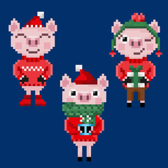 Three pixel christmas pigs in warm clothes