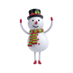 3d render, Christmas greeting card, cute cartoon snowman hands up, isolated on white background, holiday toy, digital illustration