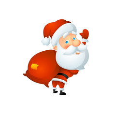 Cartoon cute Santa Claus waving with a bag of gifts behind his back. 