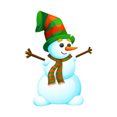 Funny, cartoon snowman in a hat. On a white background, cartoon, vector illustration.