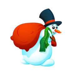 Cheerful, cartoon snowman in a hat and with a bag of gifts. On a white background, cartoon, vector illustration.