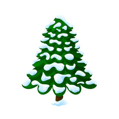 Christmas tree in the snow. On a white background, cartoon, vector illustration.