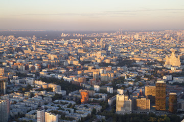 Panorama of Moscow from a height. Sunset.