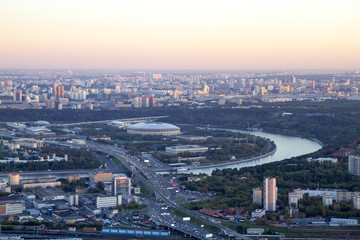 Obraz premium Panorama of Moscow from a height. Sunset.