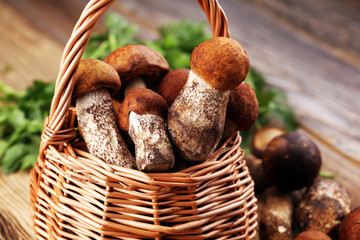 raw mushrooms on wooden table. organic fresh mushrooms