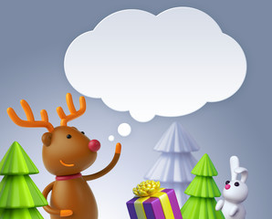 3d render, Christmas reindeer, deer, moose, talking balloon, greeting card, festive template, holiday silver background, digital illustration