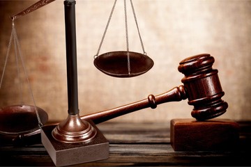 Justice Scales and wooden gavel . Justice