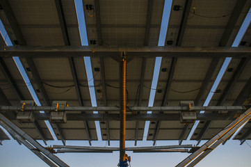 Urban photovoltaic panel at sunset