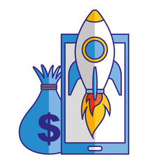 smartphone money bag rocket startup