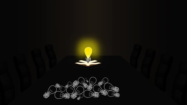 Luminous and brightly lit luminaires filled with brains with overflows of books above burnt and off lamps on the floor of the conference room of the shrine's office with golden walls