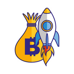 money bag bitcoin and rocket launch