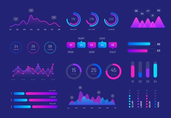 Naklejka premium Intelligent technology vector interface for presentation. Network management data screen with colored charts. Interface screen with infographic digital illustration