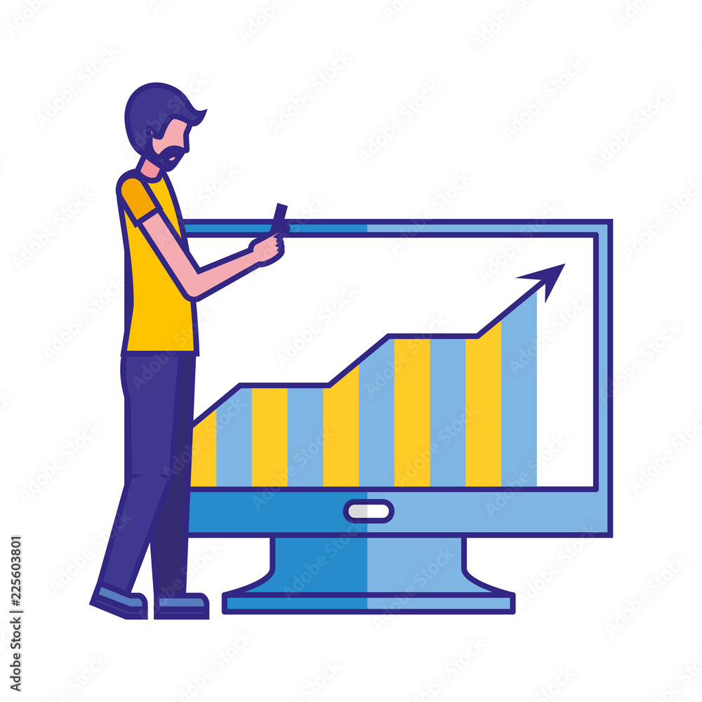 Poster businessman using smartphone computer statistics chart