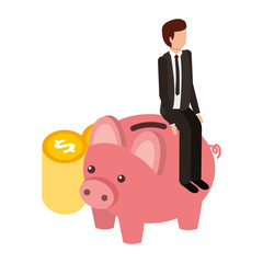 businessman sitting in saving piggy and stack coins