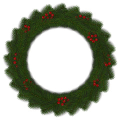 Fototapeta na wymiar Green Christmas wreath with red berry vector isolated on white background. Xmas round garland decora