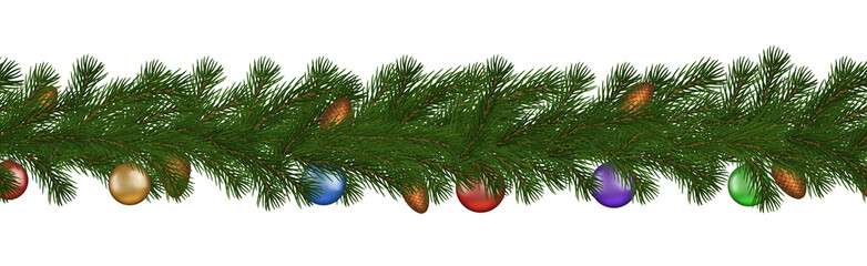 Green Christmas border of pine branch, cone and ball, seamless vector isolated on white background. 