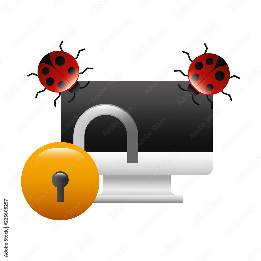 Poster computer monitor with ladybugs and padlock
