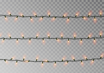 Christmas color lights string. Transparent effect decoration isolated on dark background. Realistic 