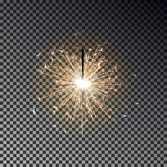 Bengal fire. New year sparkler candle isolated on transparent background. Realistic vector light eff