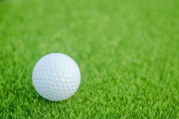 Golf ball on green grass ready to play at golf course. with copy space