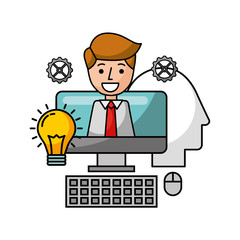 desktop computer with businessman and icons