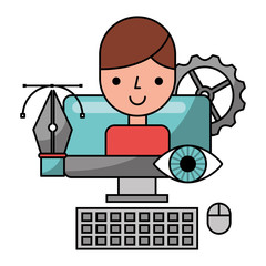 desktop computer with young man isolated icon