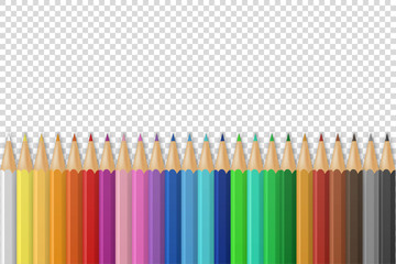 Vector background with realistic 3D wooden colorful colored pencils or crayons on transparency grid background with space for message or text. Design template for back to school, child creativity - obrazy, fototapety, plakaty