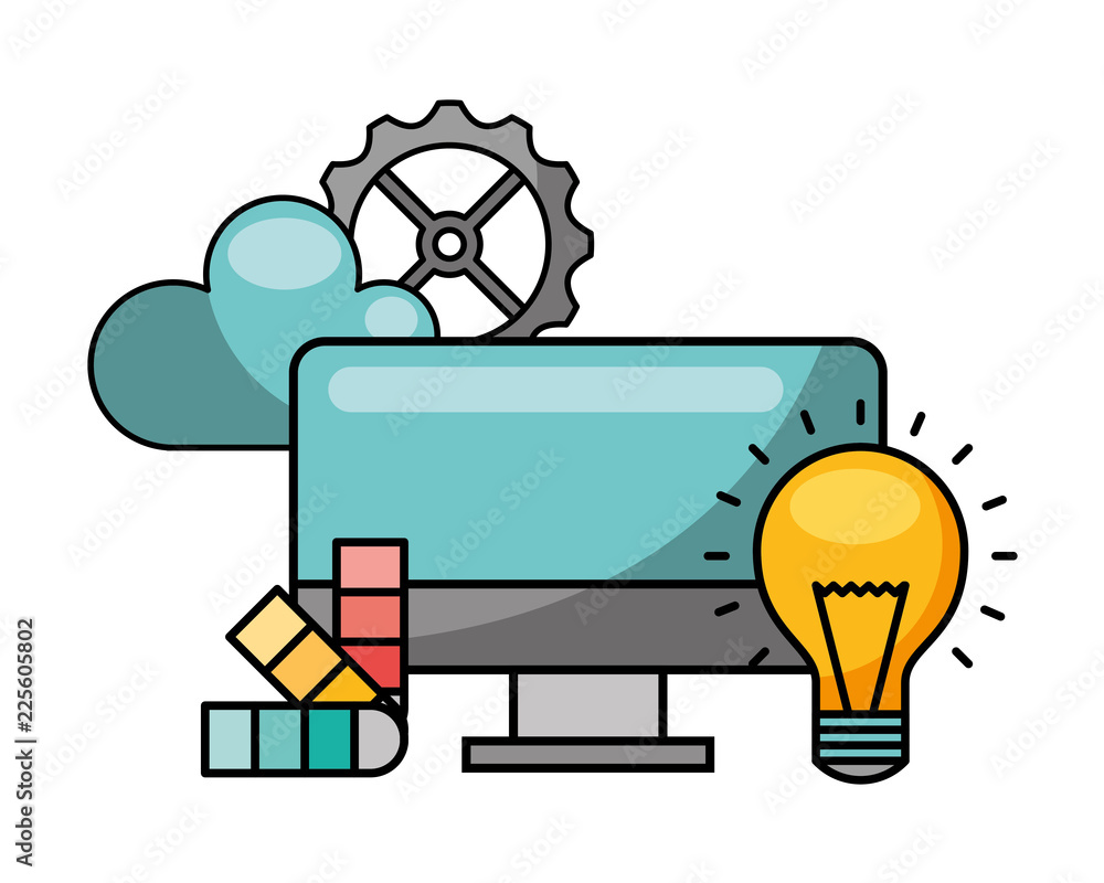 Poster computer monitor with light bulb and icons