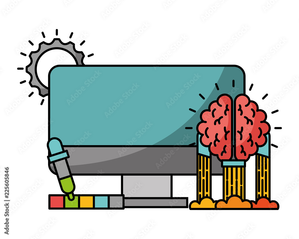 Poster computer monitor with brain and icons