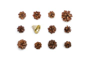 Christmas composition. pine cones, red and golden balls on white background. Flat lay, top view - holidays, winter and celebration concept -