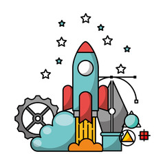 startup rocket with fountain pen and icons