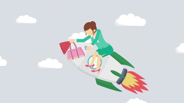 ビジネスウーマン 飛ぶ 飛躍 ロケット 雲 イラスト ループ