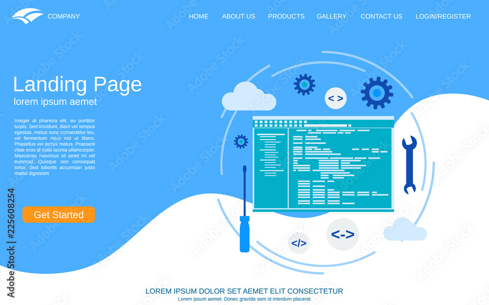 Aufkleber website landing page vector template. white-blue abstract background with application development fl