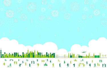 都市　人物　花火　風景