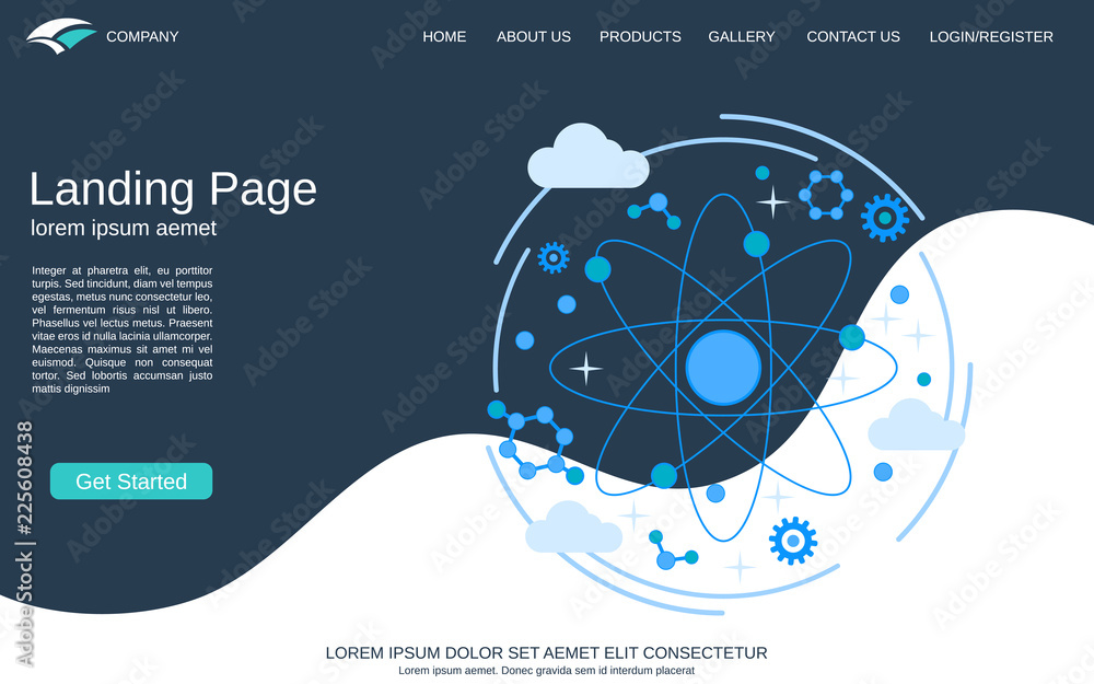 Poster website landing page vector template. abstract vector background with science research flat concept 