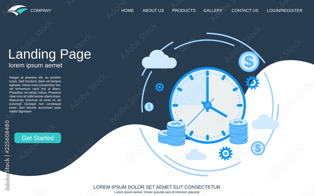 Poster website landing page vector template. abstract geometric style background with time is money concept