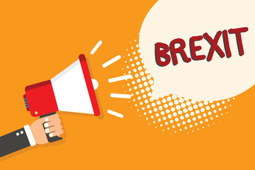 Writing note showing Brexit. Business photo showcasing term potential departure of United Kingdom from European Union Man holding megaphone loudspeaker bubble orange background halftone