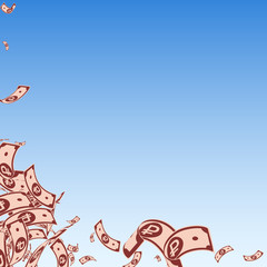 Russian ruble notes falling. Messy RUB bills on blue sky background. Russia money. Beautiful vector 